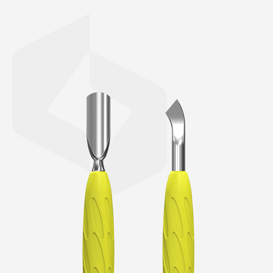 Manicure pusher Gummy with yellow silicone handle UNIQ 10 TYPE 4.2 (rounded narrow pusher and bent blade)