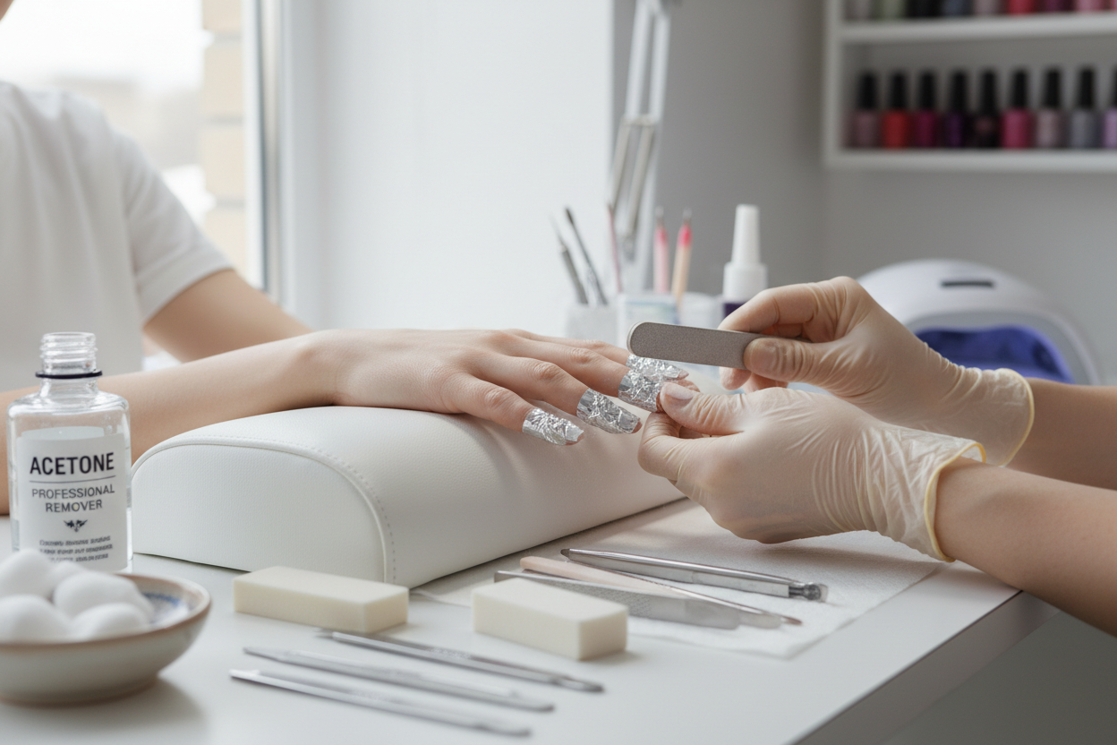 nail product removal from hand nails gel polish or acrylic removal process on the nails